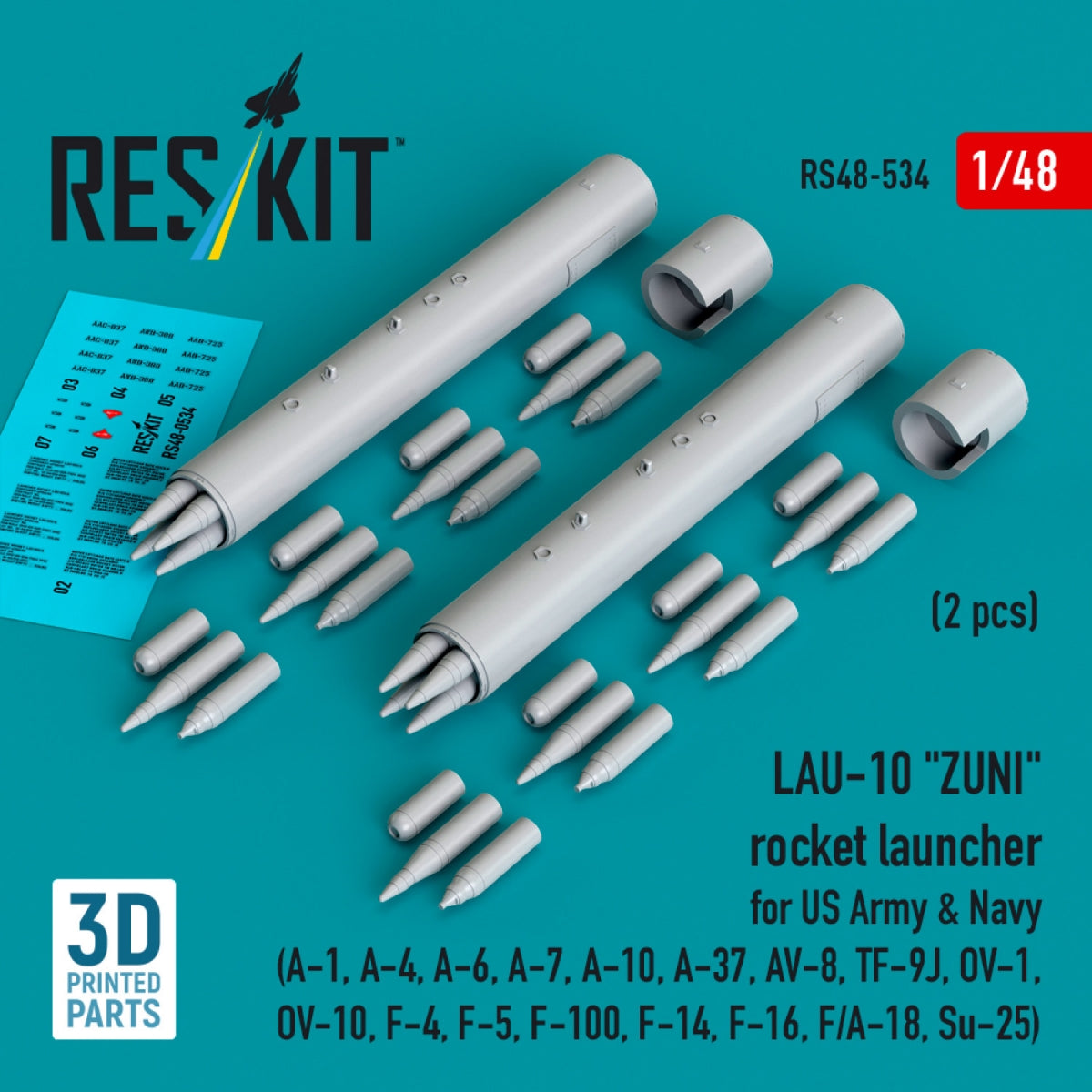 RESKIT RS48-0534 LAU-10 "ZUNI" rocket launcher for US Army & Navy (2 pcs) (A-1, A-4, A-6, A-7, A-10, A-37, AV-8, TF-9J, OV-1, OV-10, F-4, F-5, F-100, F-14, F-16, F/A-18, Su-25) (3D Printed) 1/48
