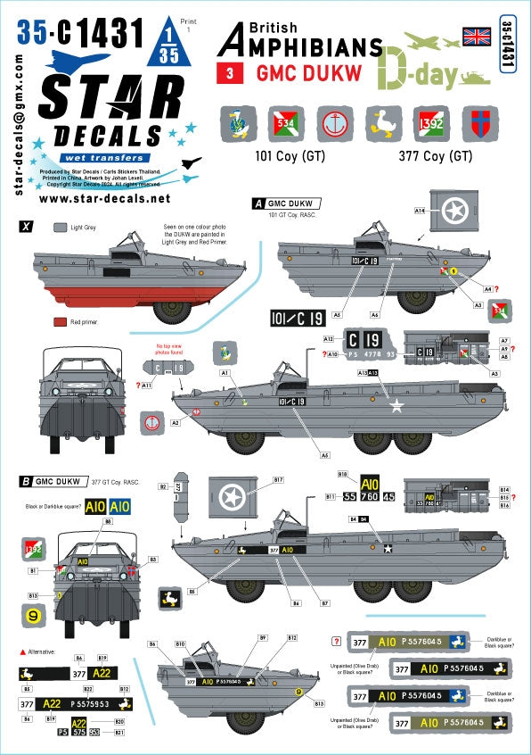 Star Decals 35-C1431 D-Day DUKW. British Amphibians #3. 101 Coy (GT) and 377 Coy (GT) RASC. 1/35
