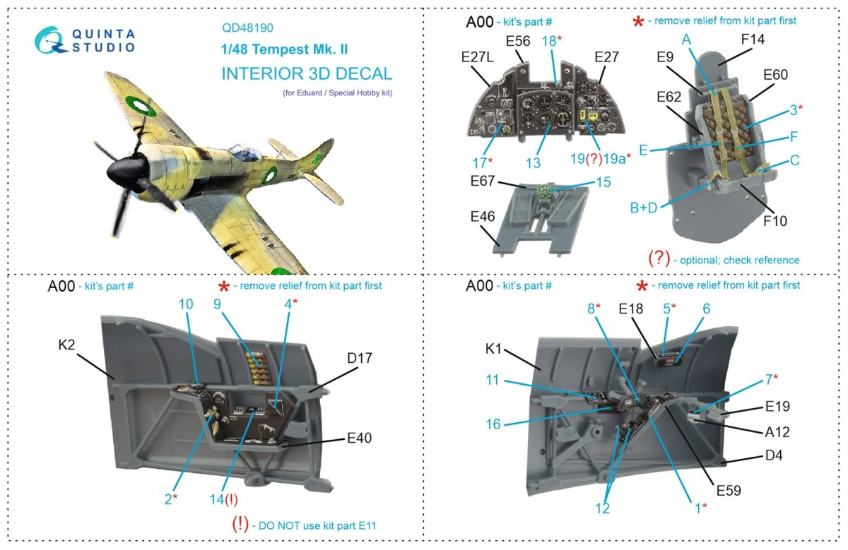Quinta Studio QD48190 Tempest Mk.II 3D-Printed &amp;amp; colored Interior on decal paper (Eduard) 1/48 – obrázek 12