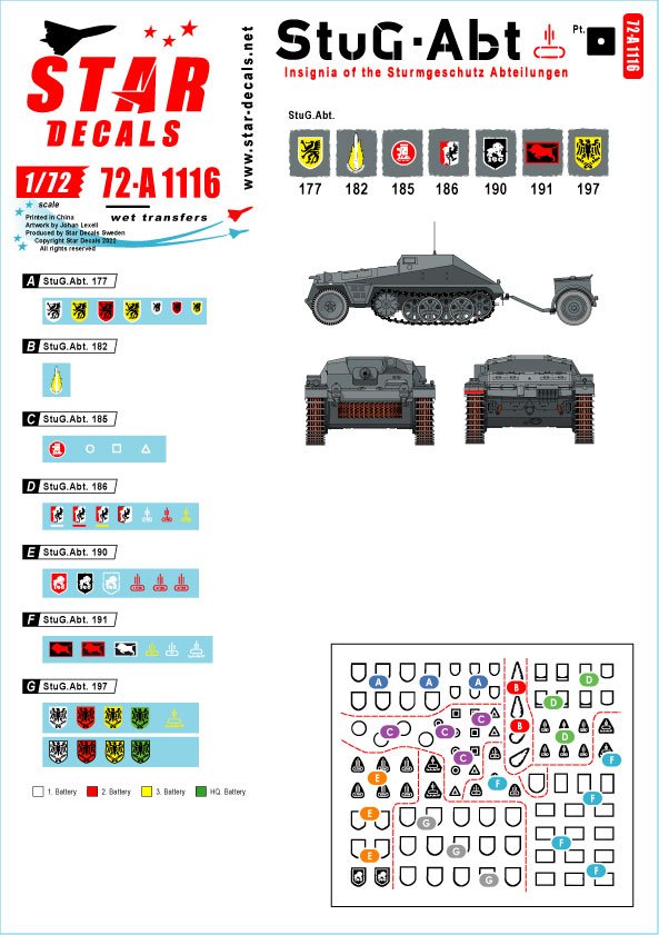 Star Decals 72-A1116 StuG-Abt #1 Generic insignia and unit markings for the Sturmgeschutz units. StuG-Abt 177. 182, 185, 186, 190, 191, 197 1/72