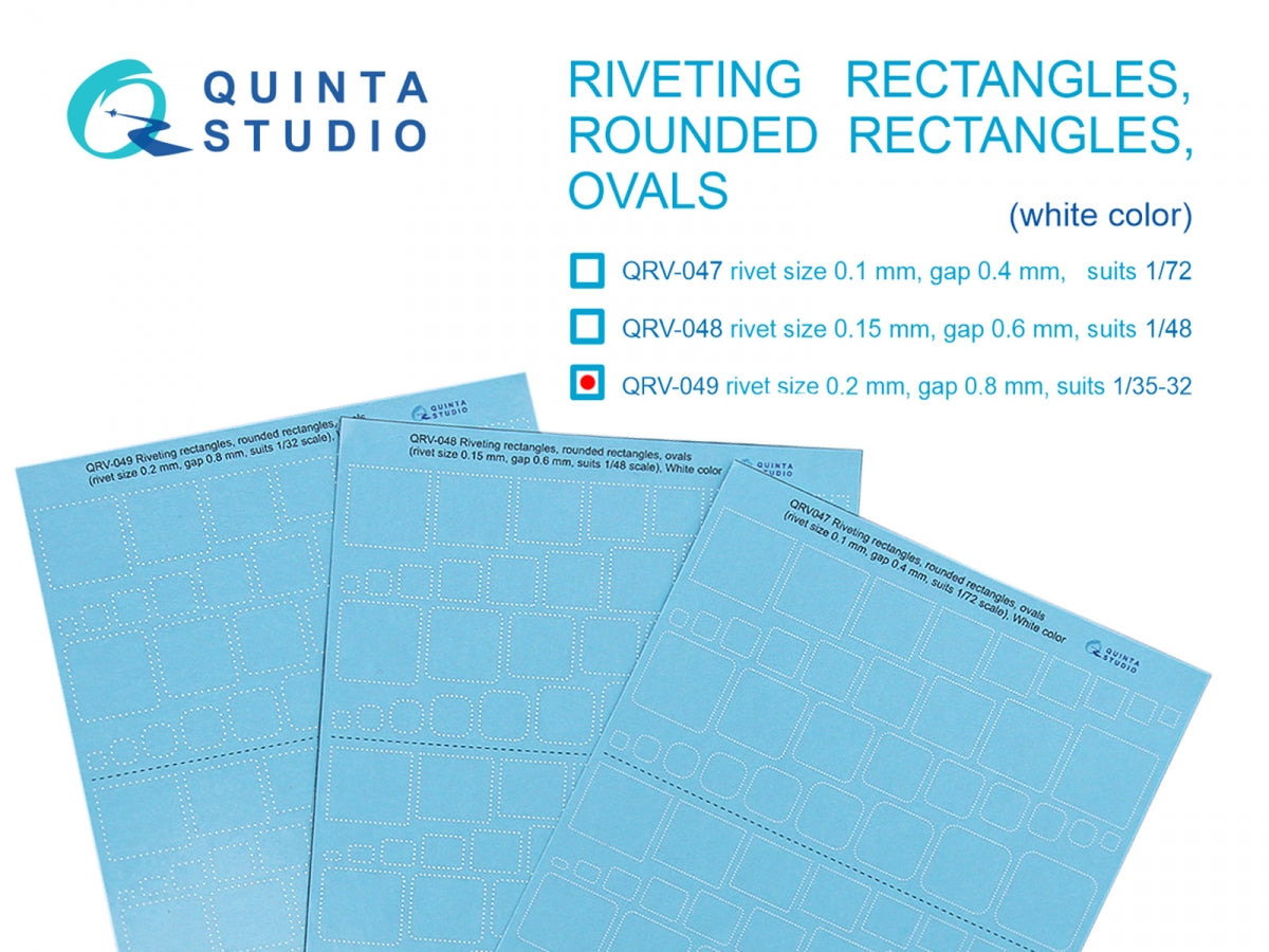 Quinta Studio QRV-049 Riveting rectangles, rounded rectangles and ovals (rivet size 0.2 mm, gap 0.8 mm, suits 1/35-32), White color 1/32