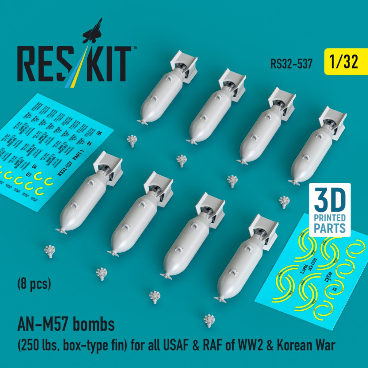 RESKIT RS32-0537 AN-M57 bombs (250 lbs, box-type fin) for all USAF &amp; RAF of WW2 &amp; Korean War (8 pcs) (3D Printed) 1/32