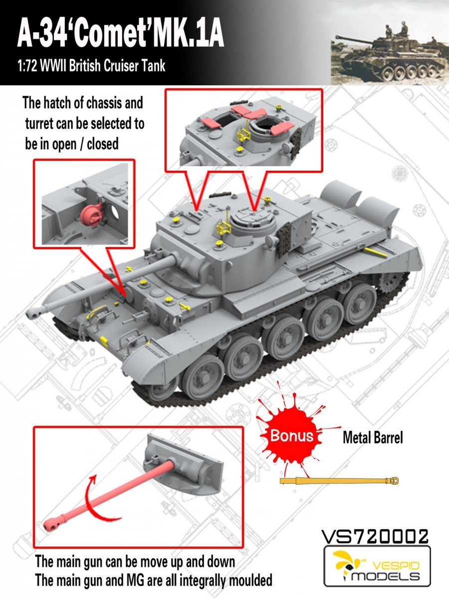 Vespid Models VS720002 A-34 &amp;#39;Comet&amp;#39; MK.1A British Cruiser Tank 1/72 – zdjęcie 3