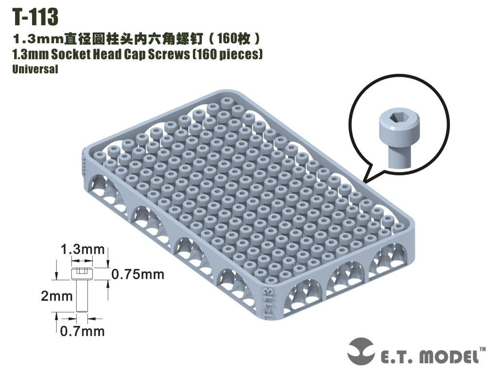 Vis à tête cylindrique creuse ET modèle T-113 de 1,3 mm, 160 pièces