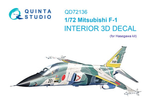 Quinta Studio QD72136 Mitsubishi F-1 3D-Printed &amp;amp; colored Interior on decal paper (Hasegawa) 1/72