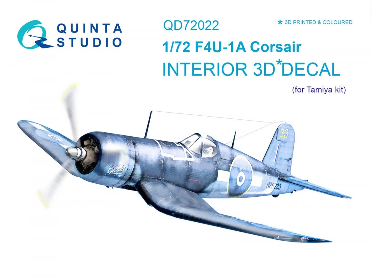 Quinta Studio QD72022 F4U-1A Corsair 3D-Printed &amp;amp; colored Interior on decal paper (for Tamiya kit) 1/72