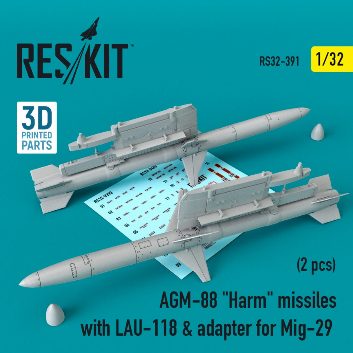 RESKIT RS32-0391 AGM-88 "HARM" MISSILES WITH LAU-118 &amp; ADAPTER FOR MIG-29 (2 PCS) 1/32