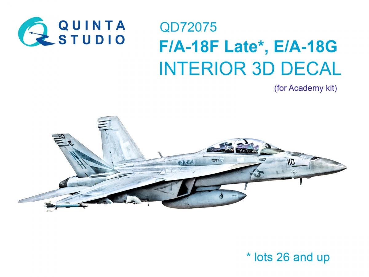 Quinta Studio QD72075 F/A-18F Late, E/A-18G 3D-Printed &amp;amp; colored Interior on decal paper (Academy) 1/72
