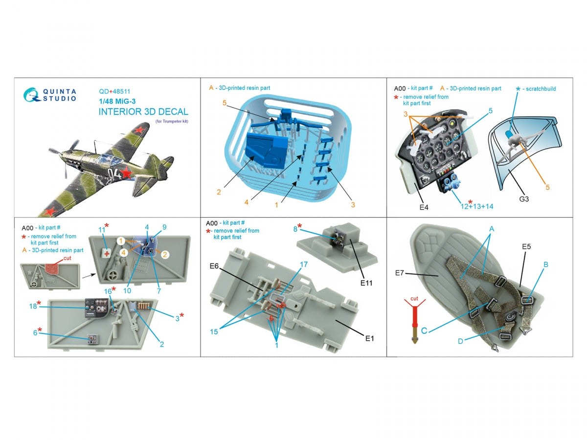 Quinta Studio QD+48511 MiG-3 3D-Printed colored Interior on decal paper (Trumpeter) 1/48 – imagen 5
