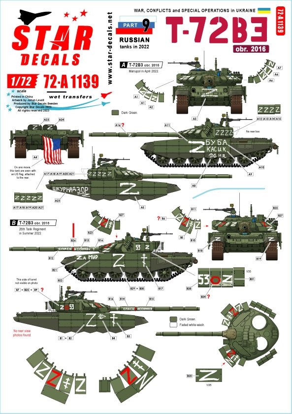 Star Decals 72-A1139 War in Ukraine #9. Russian T-72B3 (obr 2016) 1/72