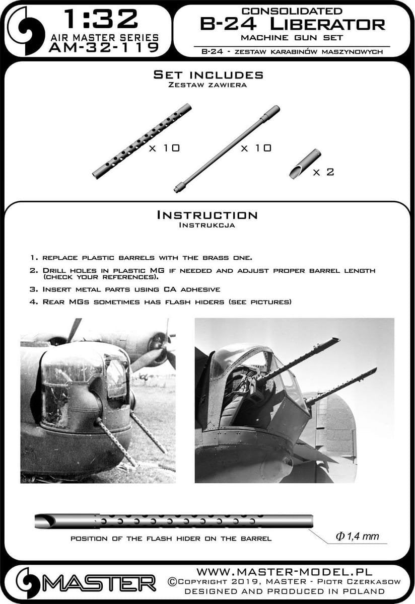 Master AM-32-119 B-24 Liberator - Browning M2 aircraft MG set .50 caliber (12.7mm) with flash hiders (10 pcs.) (for Hobby Boss model) 1/32 – image 5