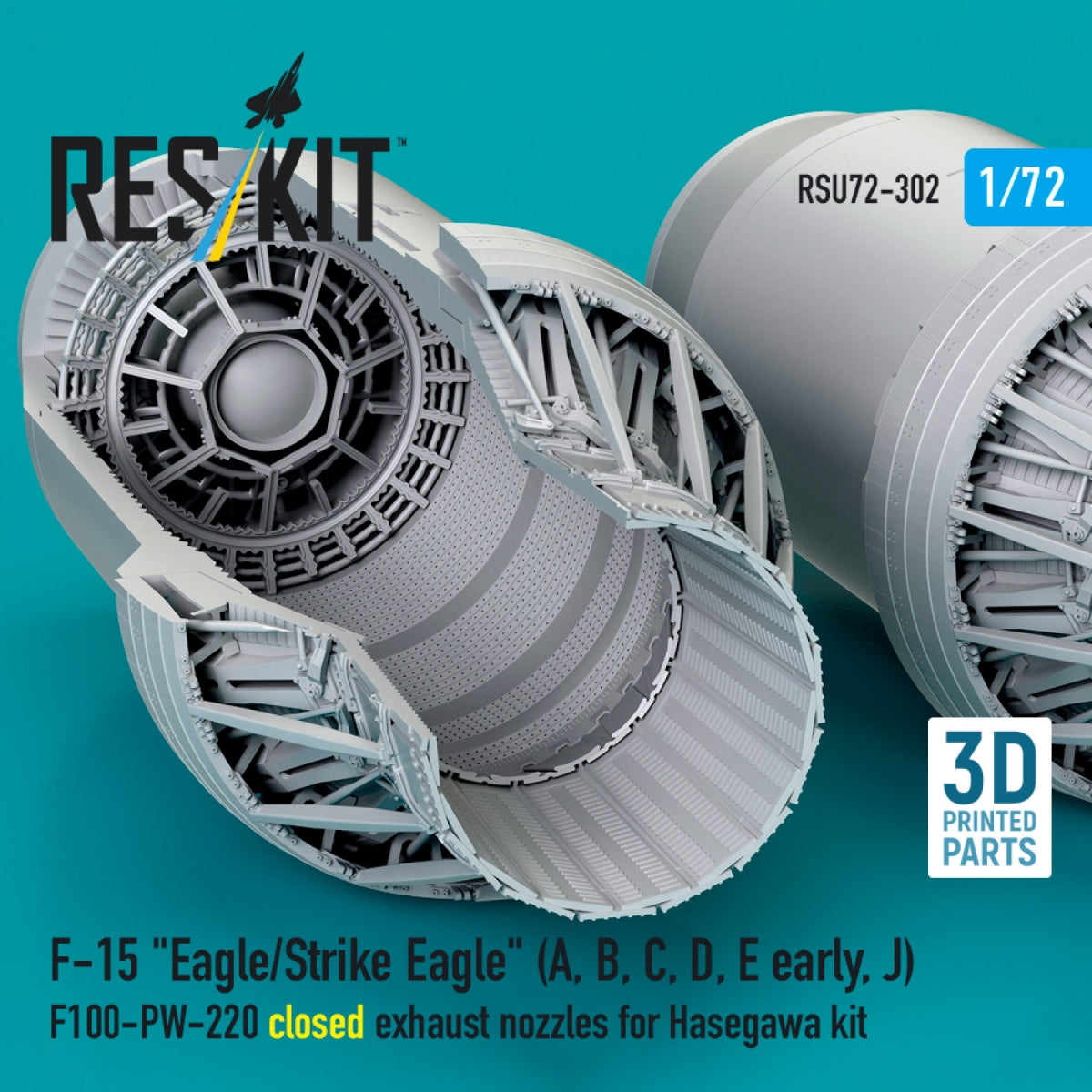 RESKIT RSU72-0302 F‑15 "Eagle/Strike Eagle" (A, B, C, D, E early, J) F100-PW-220 closed exhaust nozzles for Hasegawa kit (3D Printed) 1/72