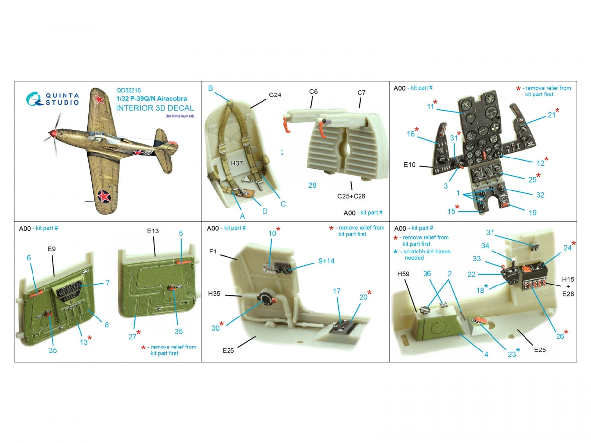 Quinta Studio QD32216 P-39Q/N Airacobra 3D-Printed colored Interior on decal paper (KittyHawk) 1/32 – imagen 2