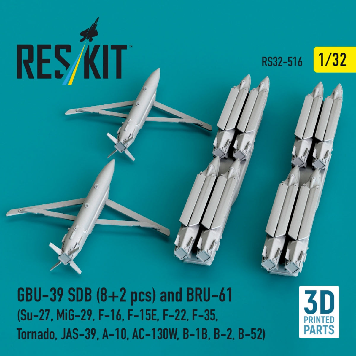 RESKIT RS32-0516 GBU-39 SDB (8 pcs) and BRU-61 (2 pcs) (Su-27, MiG-29, F-16, F-15E, F-22, F-35, Tornado, JAS-39, A-10, AC-130W, B-1B, B-2, B-52) (3D Printed) 1/32