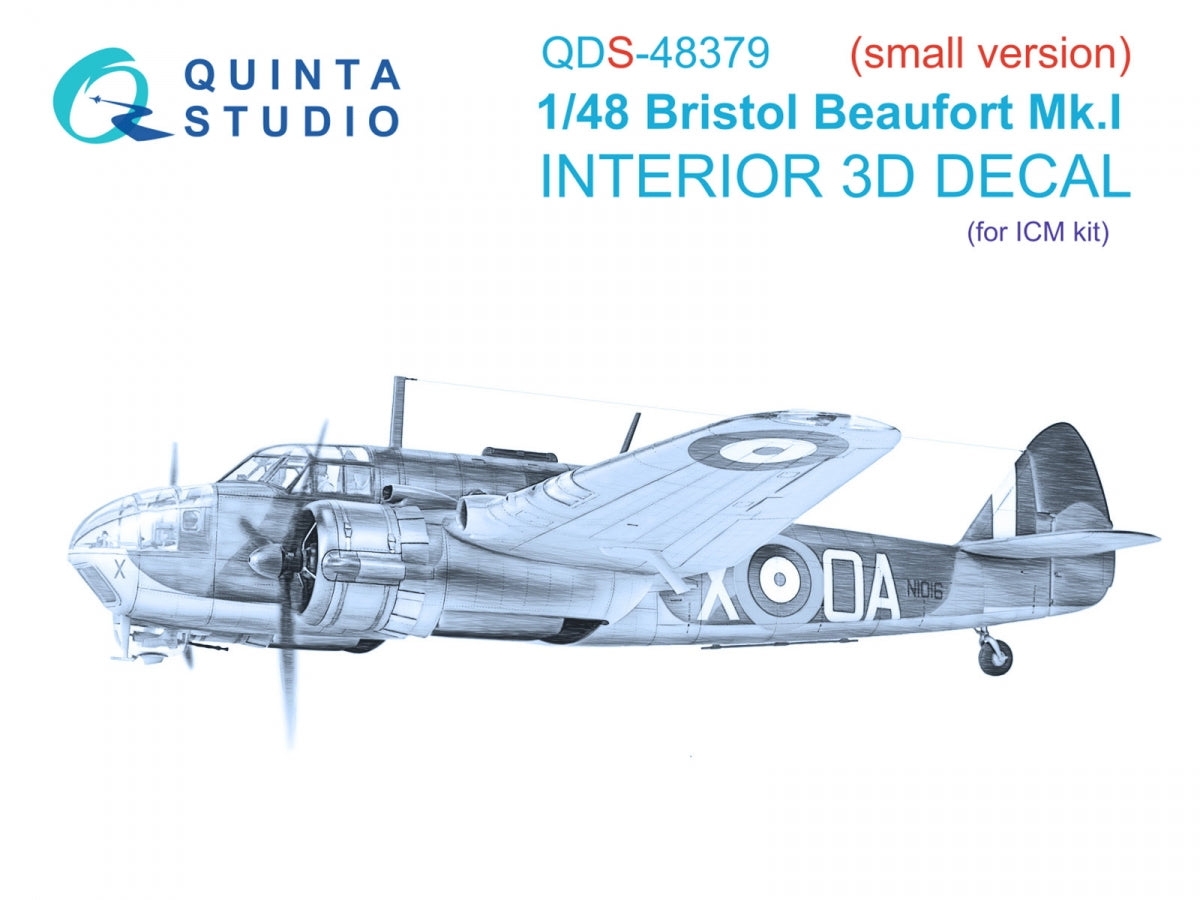 Quinta Studio QDS-48379 Bristol Beaufort Mk.I 3D-Printed &amp; colored Interior on decal paper (ICM) (Small version) 1/48