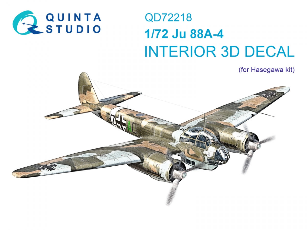 Quinta Studio QD72218 Ju 88A-4 3D-Printed &amp;amp; colored Interior on decal paper (Hasegawa) 1/72