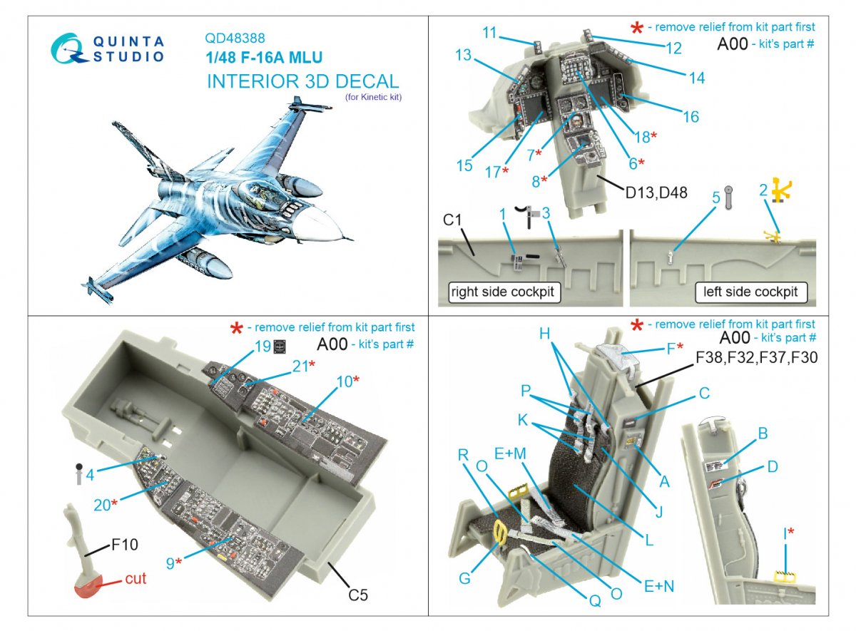 Quinta Studio QD48388 F-16A MLU 3D-Printed &amp;amp; colored Interior on decal paper (Kinetic) 1/48 – Bild 2