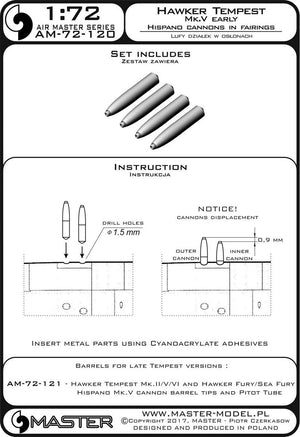 Master AM-72-120 Hawker Tempest Mk.V early version - 20mm Hispano gun barrels in shrouds (4 pcs.) (1/72) – image 3