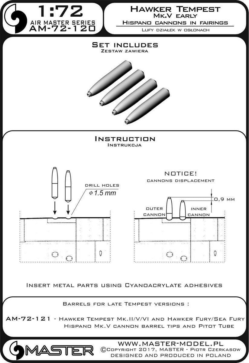 Master AM-72-120 Hawker Tempest Mk.V early version - 20mm Hispano gun barrels in shrouds (4 pcs.) (1/72) – image 3