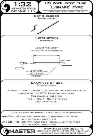 Master AM-32-117 American WWII Pitot Tube - Type &amp;quot;L&amp;quot; (1 pc.) - used mainly on export versions of American aircraft - P-35, P-36, P-40, T-6, B-339 and others 1/32 – image 4