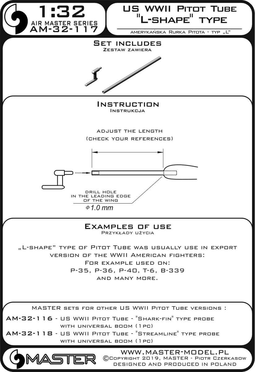 Master AM-32-117 American WWII Pitot Tube - Type &amp;quot;L&amp;quot; (1 pc.) - used mainly on export versions of American aircraft - P-35, P-36, P-40, T-6, B-339 and others 1/32 – image 4