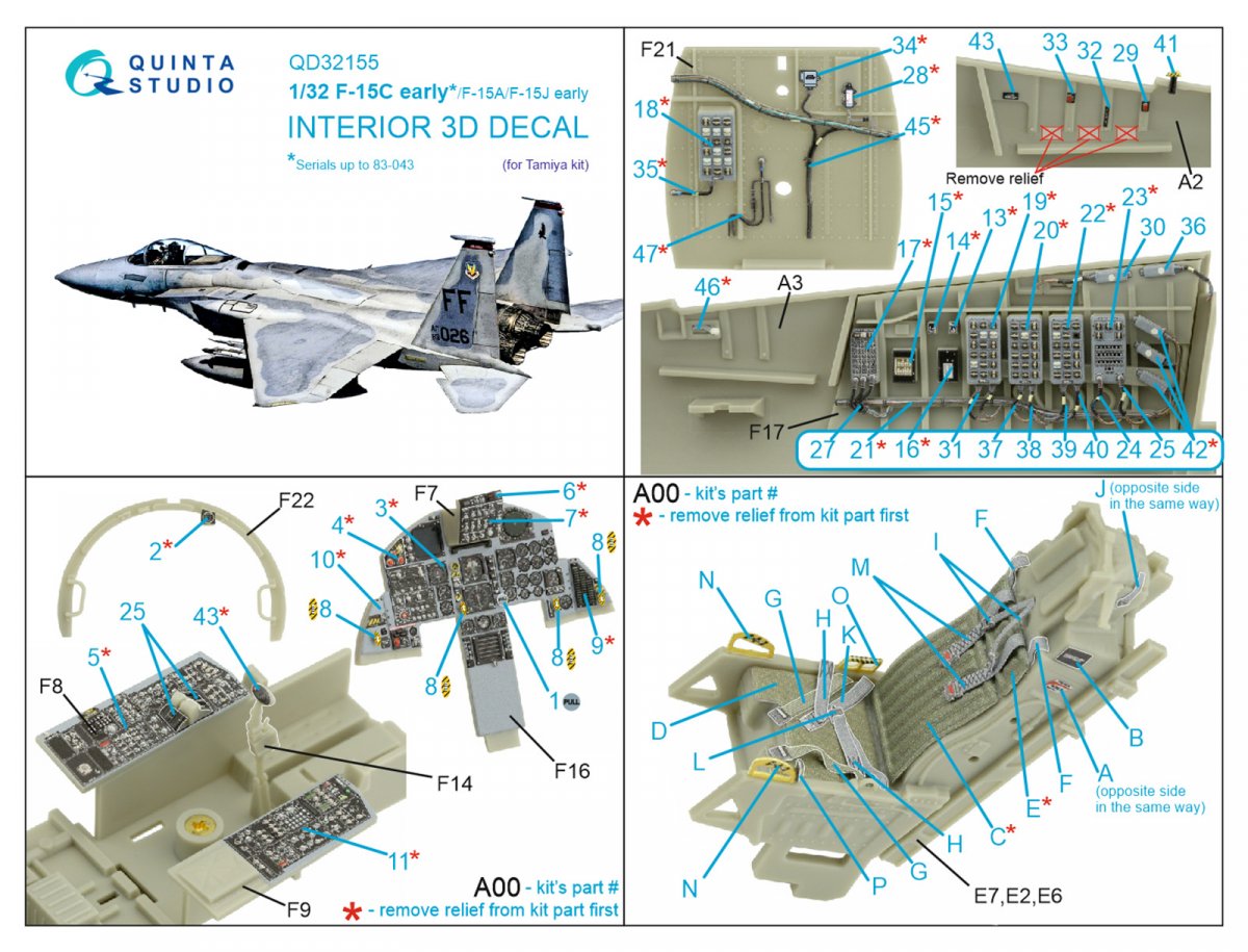 Quinta Studio QD32155 F-15C Early/F-15A/F-15J early 3D-Printed &amp;amp; colored Interior on decal paper (Tamiya) 1/32 – immagine 9
