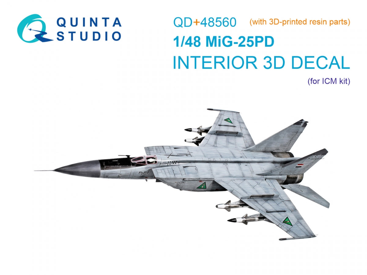 Quinta Studio QD+48560 MiG-25PD 3D-Printed &amp; colored Interior on decal paper (ICM) (with 3D-printed resin parts) 1/48