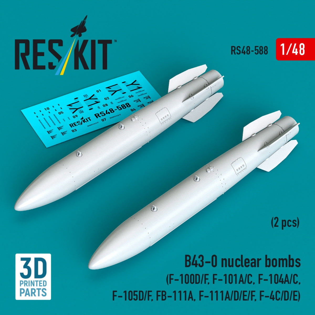 RESKIT RS48-0588 B43-0 nuclear bombs (2 pcs) (F-100D/F, F-101A/C, F-104A/C, F-105D/F, FB-111A, F-111A/D/E/F, F-4C/D/E) (3D Printed) 1/48