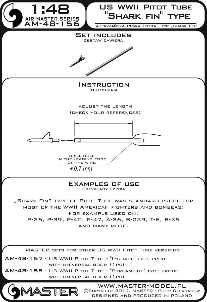 Master AM-48-156 American WWII Pitot Tube - &amp;quot;Shark Fin&amp;quot; Type (1 pc.) - used on P-36, P-39, P-40, P-47, A-36, B-239, T-6, B-25 and many others 1/48 – image 4