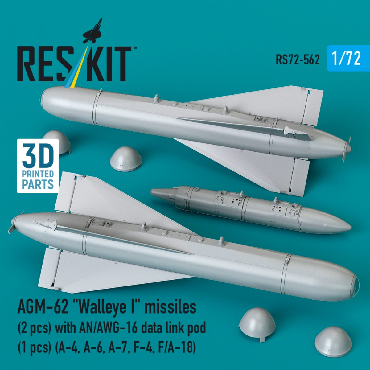 RESKIT RS72-0562 AGM-62 "Walleye I" missiles (2 pcs) with AN/AWG-16 data link pod (1 pcs) (A-4, A-6, A-7, F-4, F/A-18) (3D Printed) 1/72