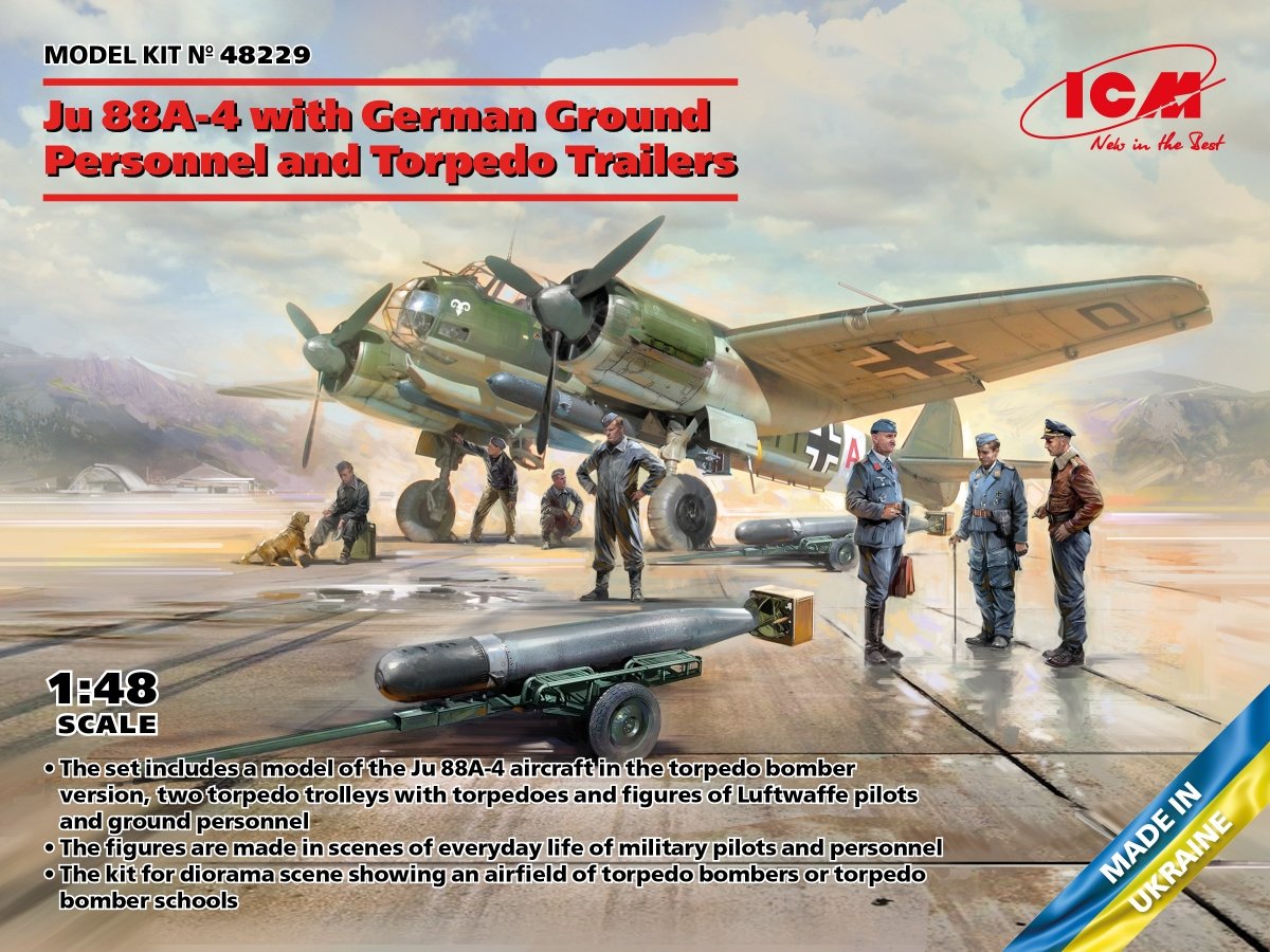 ICM 48229 Ju 88A-4 with German Ground Personnel and Torpedo Trailers 1/48