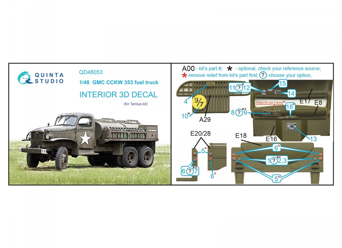 Quinta Studio QD48053 GMC CCKW 353 fuel truck 3D-Printed &amp;amp; colored Interior on decal paper (Tamiya) 1/48 – image 9