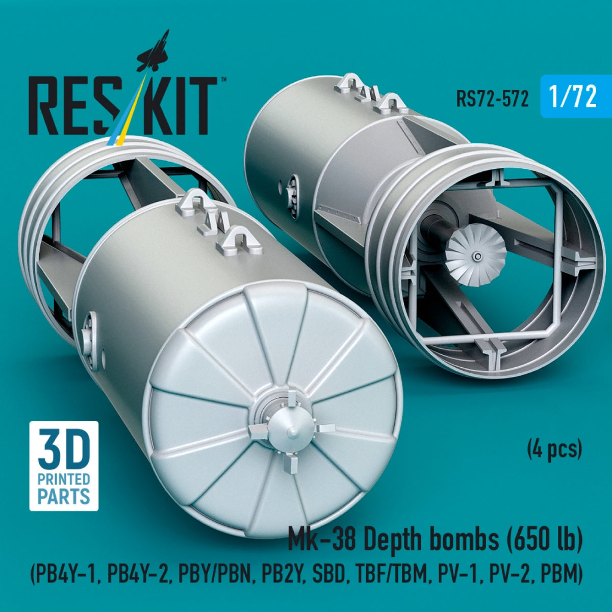 RESKIT RS72-0572 Mk-38 Depth bombs (650 lb) (4 pcs) (PB4Y-1, PB4Y-2, PBY/PBN, PB2Y, SBD, TBF/TBM, PV-1, PV-2, PBM) (3D Printed) 1/72
