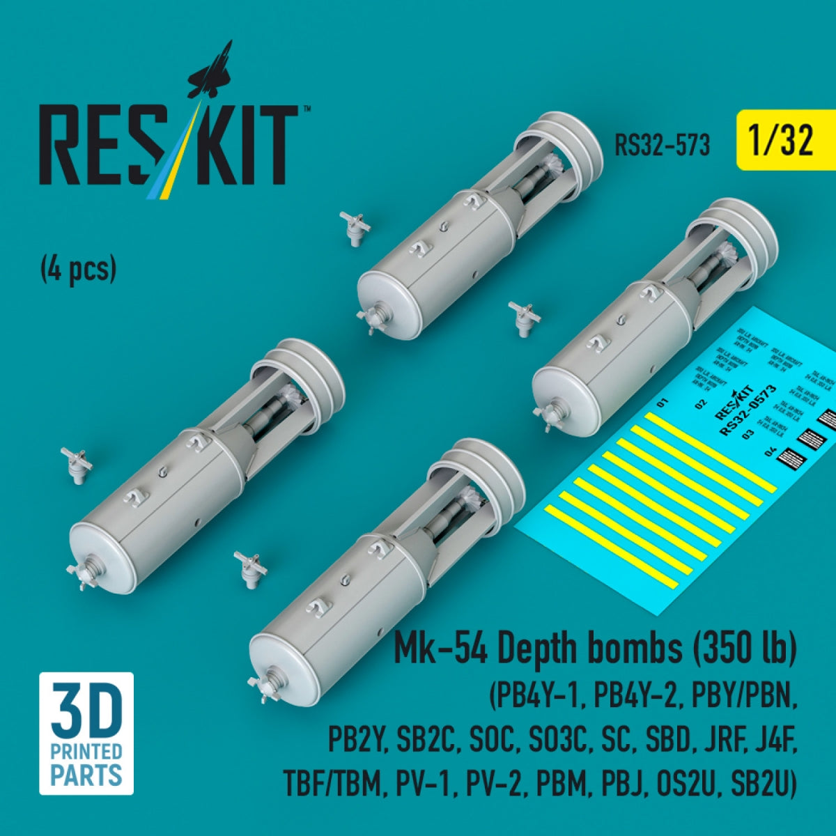 RESKIT RS32-0573 Mk-54 Depth bombs (350 lb) (4 pcs) (PB4Y-1, PB4Y-2, PBY/PBN, PB2Y, SB2C, SOC, SO3C, SC, SBD, JRF, J4F, TBF/TBM, PV-1, PV-2, PBM, PBJ, OS2U, SB2U) (3D Printed) 1/32