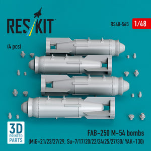 RESKIT RS48-0565 FAB-250 М-54 bombs (4 pcs) (MiG-21/23/27/29, Su-7/17/20/22/24/25/27/30/ YAK-130) (3D Printed) 1/48