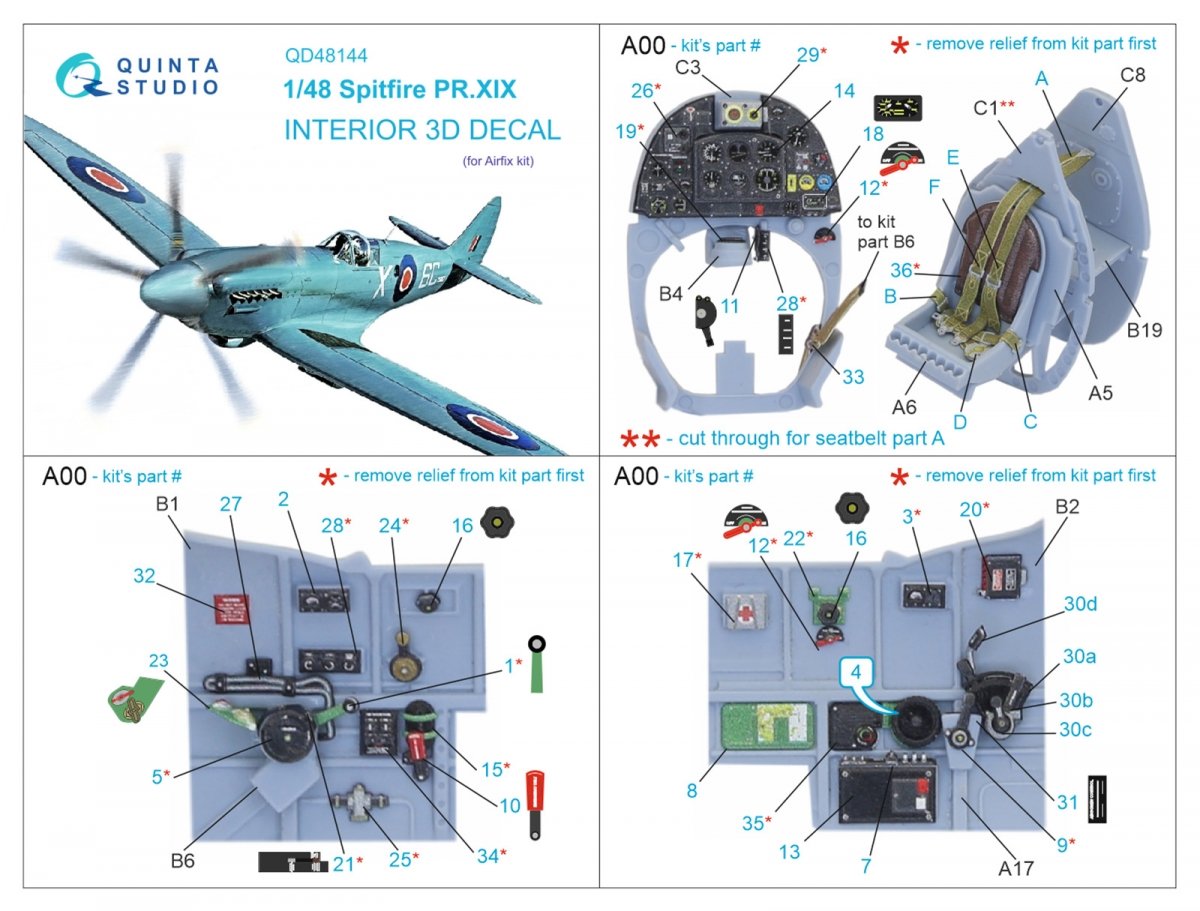 Quinta Studio QD48144 Spitfire PR.XIX 3D-Printed &amp;amp; colored Interior on decal paper (Airfix) 1/48 – image 12