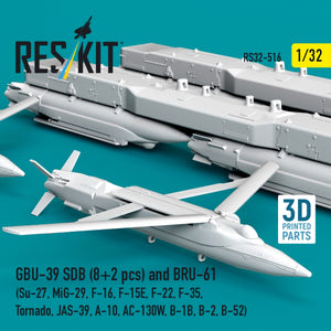 RESKIT RS32-0516 GBU-39 SDB (8 pcs) and BRU-61 (2 pcs) (Su-27, MiG-29, F-16, F-15E, F-22, F-35, Tornado, JAS-39, A-10, AC-130W, B-1B, B-2, B-52) (3D Printed) 1/32