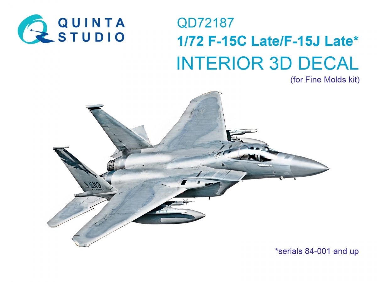 Intérieur imprimé en 3D et coloré sur papier décalcomanie Quinta Studio QD72187 F-15C Late/J Late (Fine Molds) à l'échelle 1/72