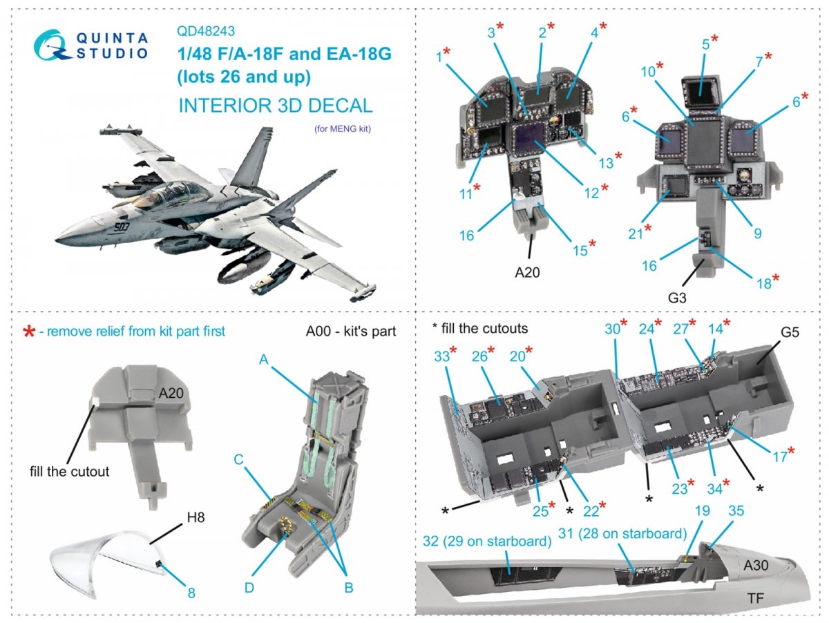 Quinta Studio QD48243 F/A-18F late / EA-18G 3D-Printed &amp;amp; colored Interior on decal paper ( Meng ) 1/48 – Bild 2