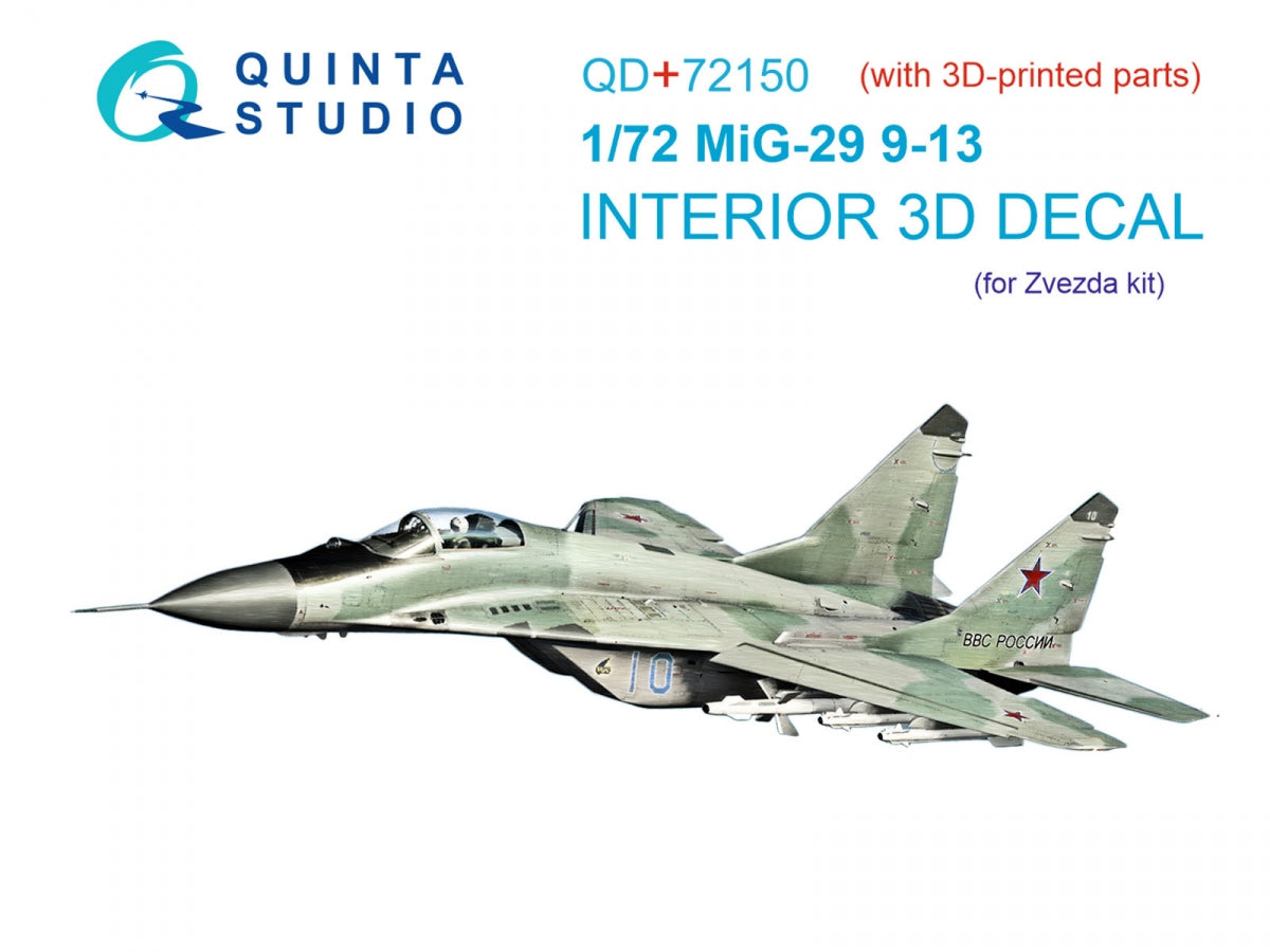 Quinta Studio QD+72150 MiG-29 9-13 3D-Printed colored Interior on decal paper (7278 Zvezda) (with 3D-printed resin part) 1/72