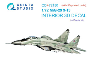 Quinta Studio QD+72150 MiG-29 9-13 3D-Printed colored Interior on decal paper (7278 Zvezda) (with 3D-printed resin part) 1/72
