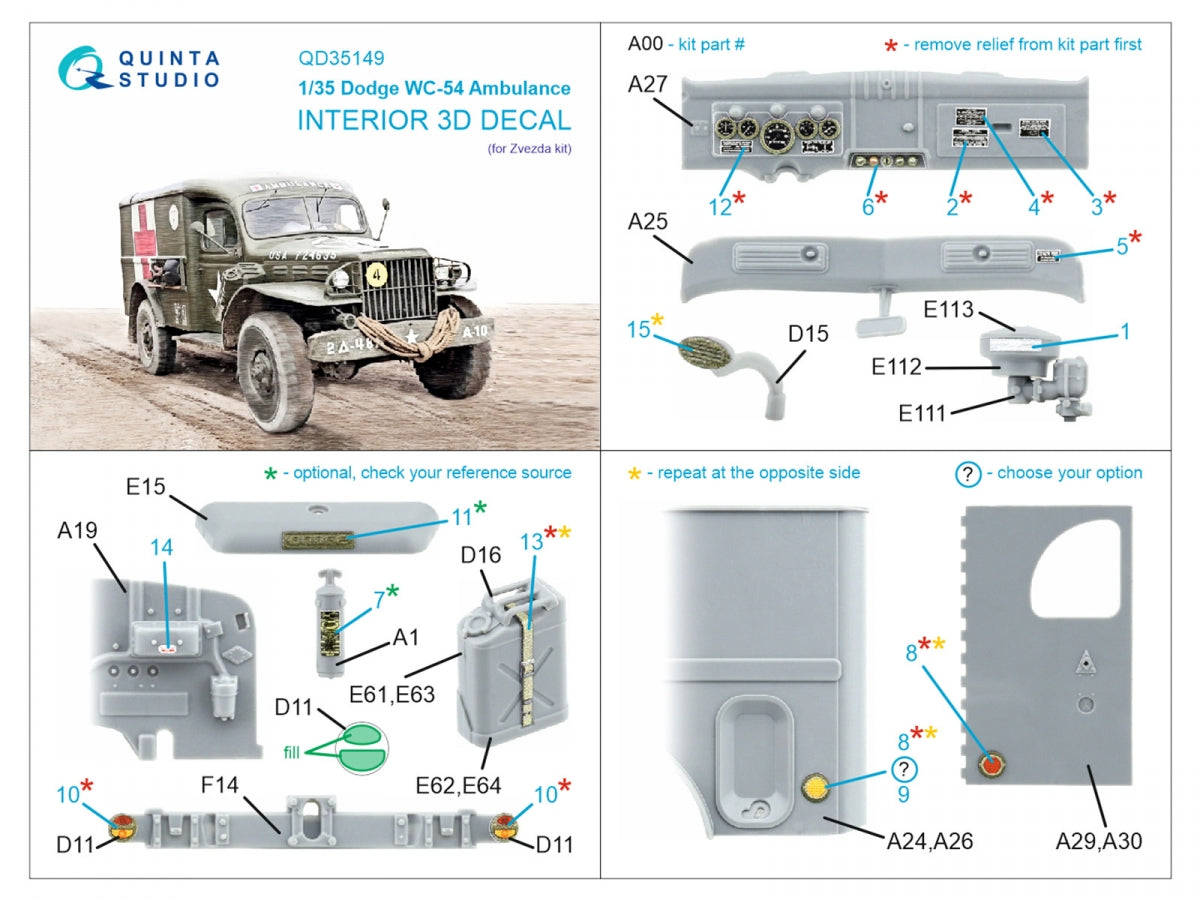 Quinta Studio QD35149 Dodge WC-54 Ambulance 3D-Printed &amp;amp; colored Interior on decal paper (Zvezda) 1/35 – obrázek 2