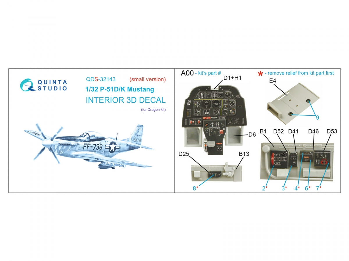 Quinta Studio QDS-32143 P-51D/K Mustang 3D-Printed colored Interior on decal paper (Dragon) (Small version) 1/32 – obrázek 2