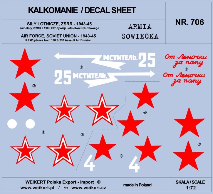 Weikert Decals DEC706 Soviet Army - IL2M3 aircraft from the 198th &amp;amp; 237th Assault Aviation Divisions 1/72
