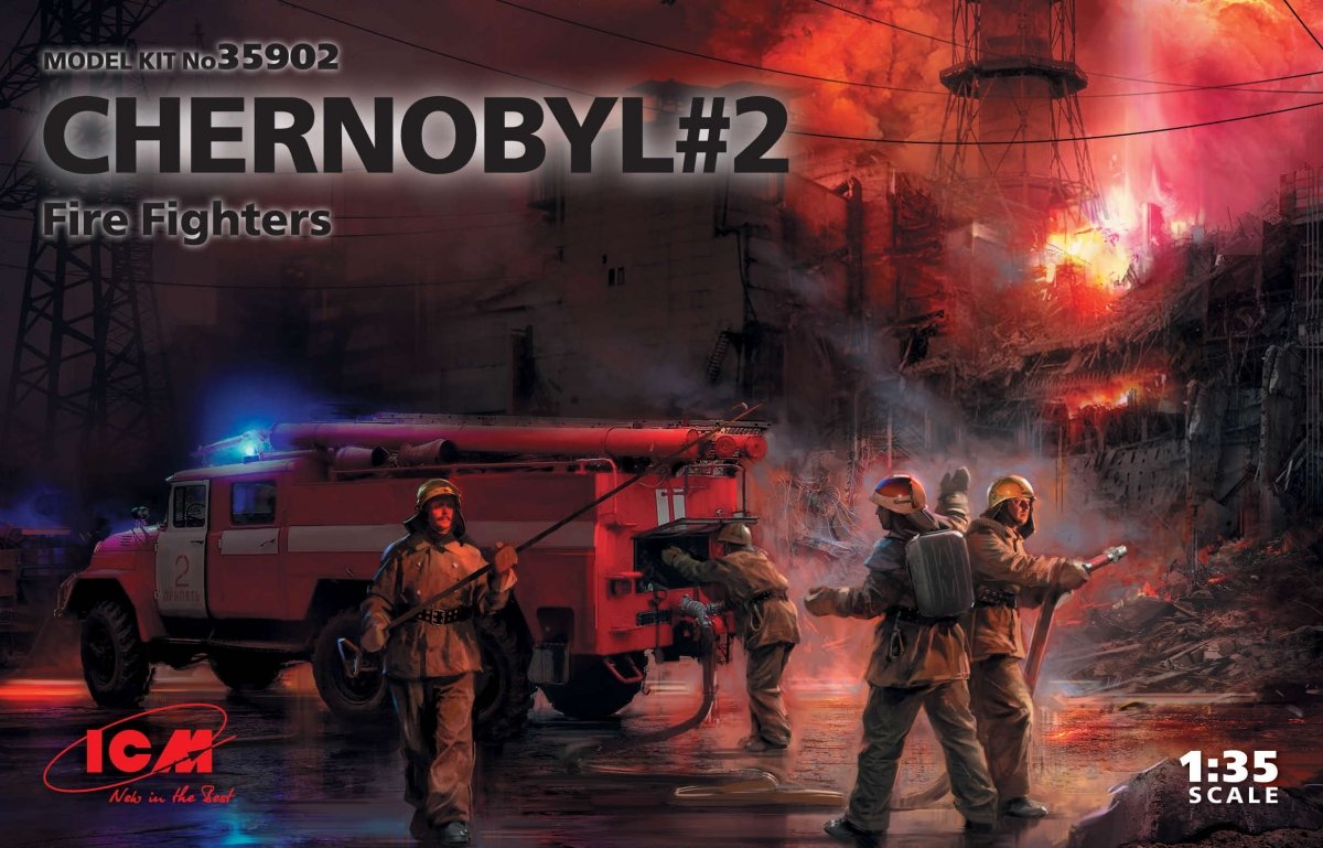 ICM 35902 Chernobyl #2. Fire Fighters (AC-40-137A firetruck &amp; 4 figures &amp; diorama base with background) 1/35