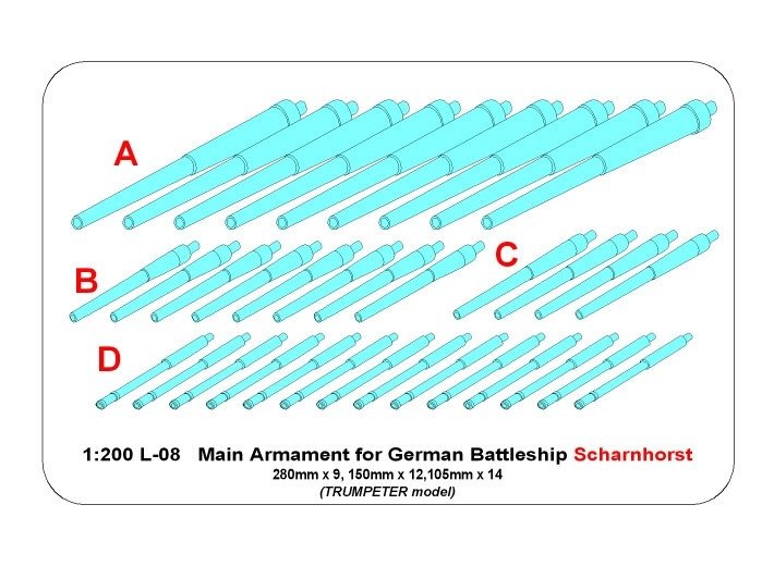 Aber 200L-08 Barrel set for battleship Scharnhorst 280mmx9 1/200 – obrázek 10