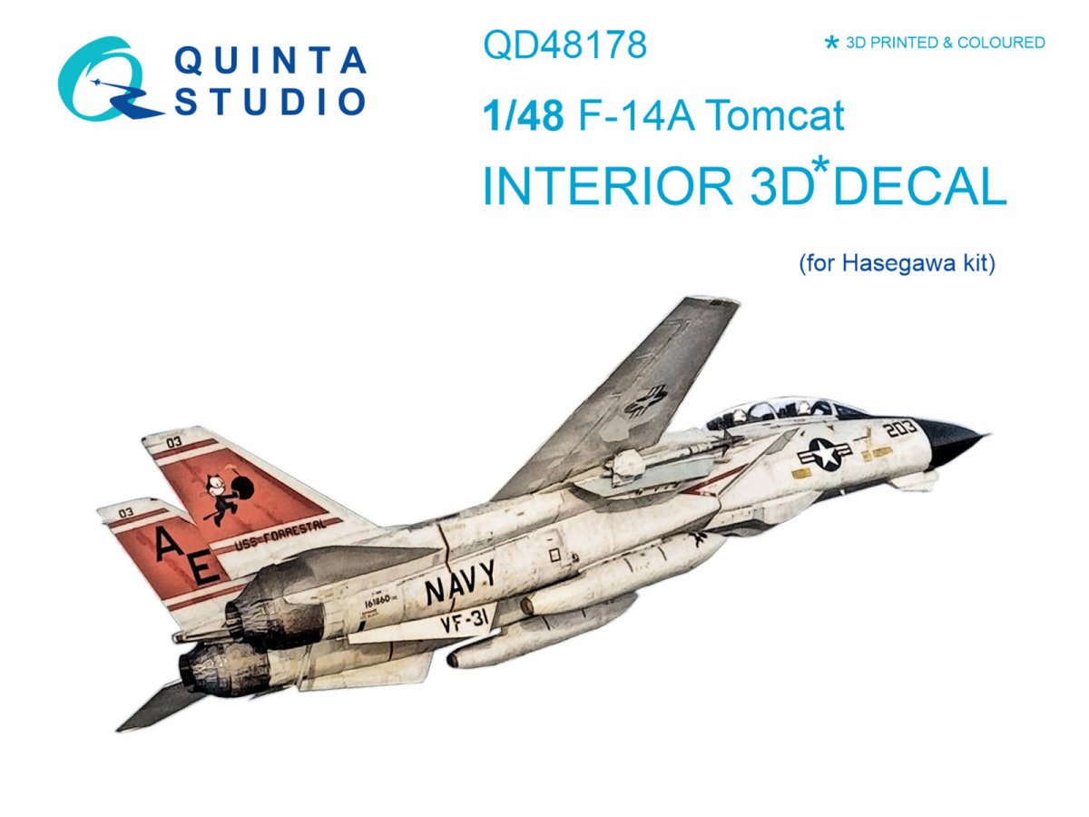 Quinta Studio QD48178 F-14A 3D-Printed &amp; colored Interior on decal paper (for Hasegawa kit) 1/48