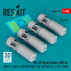 RESKIT RS48-0572 Mk-38 Depth bombs (650 lb) (4 pcs) (PB4Y-1, PB4Y-2, PBY/PBN, PB2Y, SBD, TBF/TBM, PV-1, PV-2, PBM) (3D Printed) 1/48