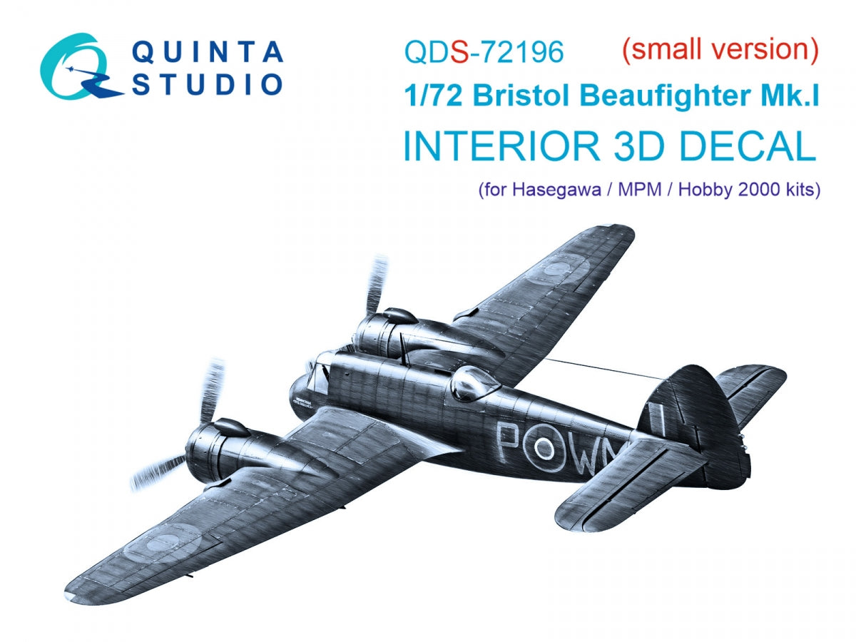 Quinta Studio QDS-72196 Bristol Beaufighter Mk.I 3D-Printed &amp; colored Interior on decal paper (Hasegawa/MPM/Hobby2000) (small version) 1/72