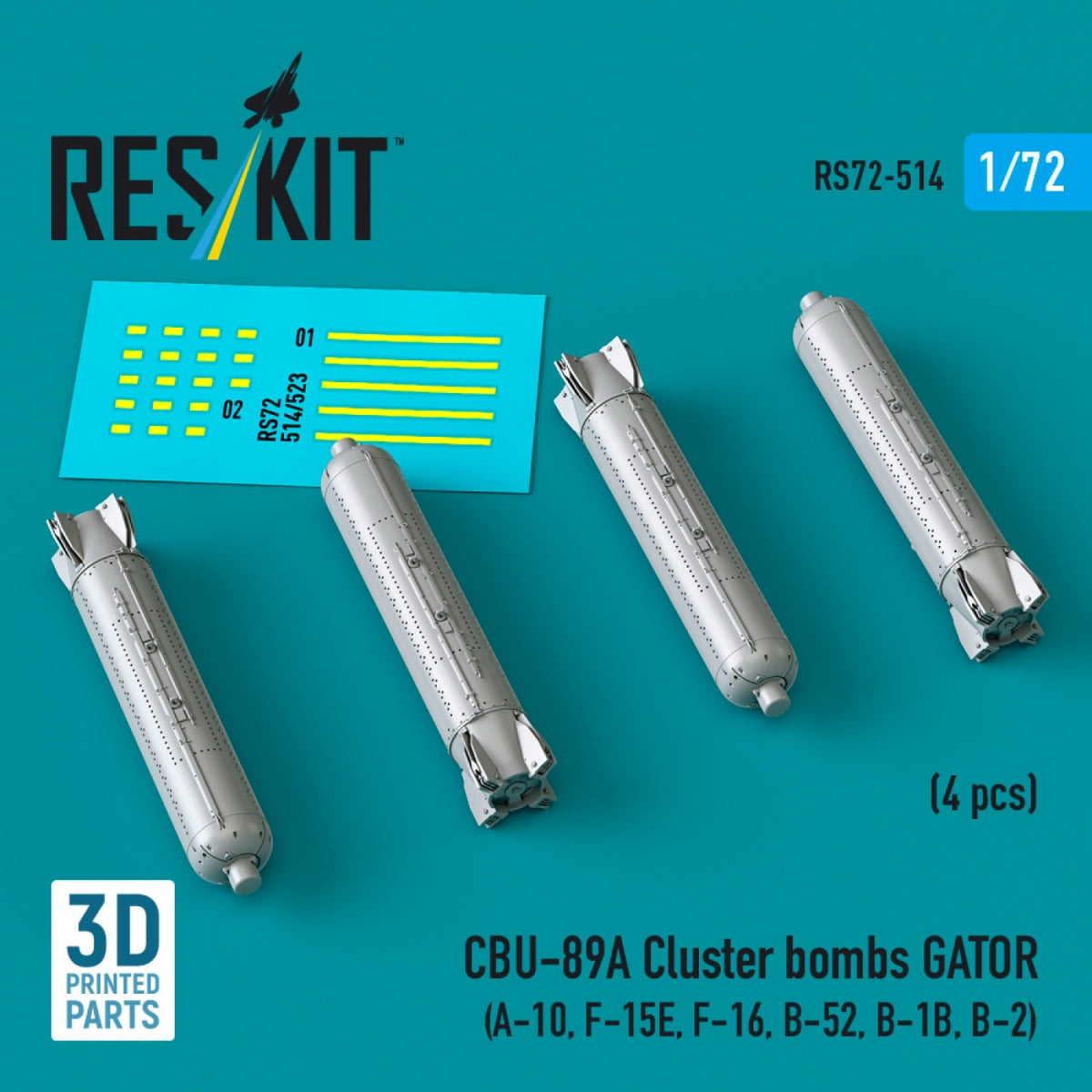 RESKIT RS72-0514 CBU-89A cluster bombs GATOR (4 pcs) (3D Printed) 1/72